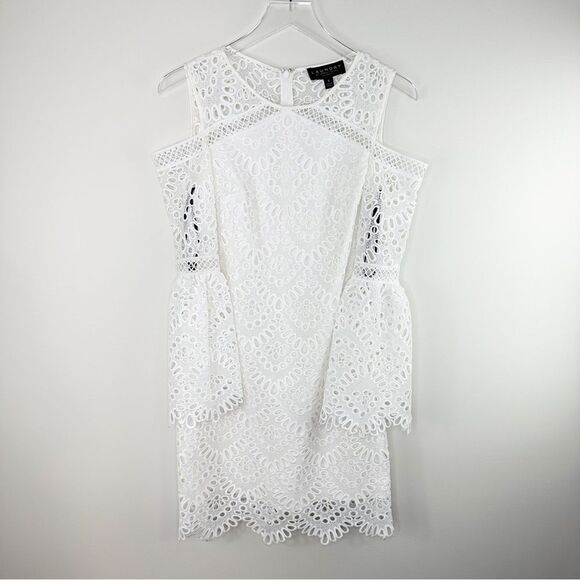 Laundry by Shelli Segal White Eyelet Cold Shoulder Dress w/Bell Sleeves Sz 2 - Picture 10 of 16